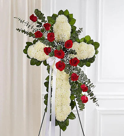 Red and White Standing Spray - Cross